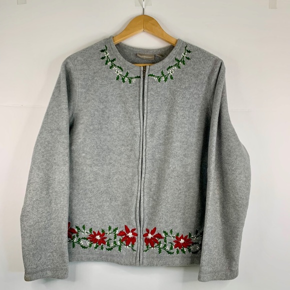 Christmas Embroidered Holly Granny cottagecore fleece jacket cardigan red gray - Picture 1 of 11